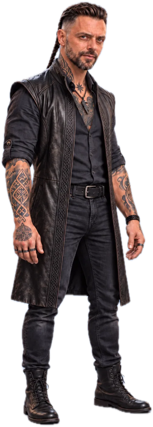 Orri in his long black leather stage coat